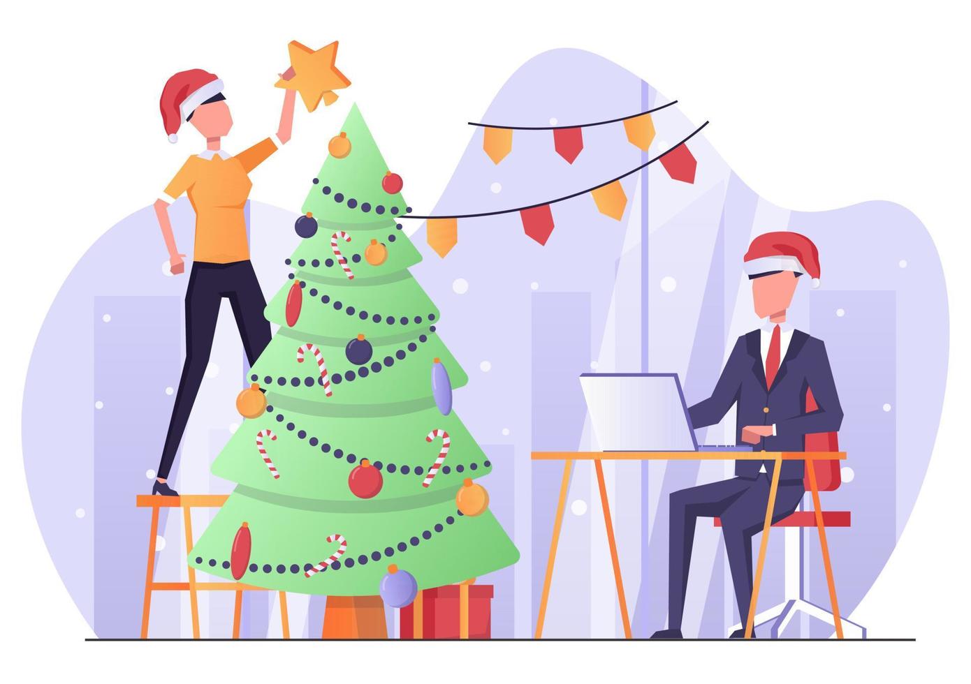 hombres de negocios en la oficina decorando el árbol de navidad, ambiente de año nuevo vector