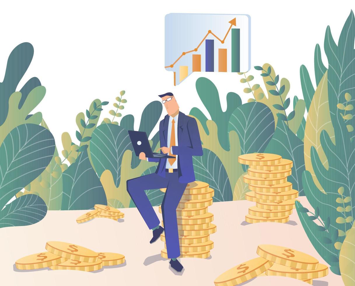 Grow your business. Businessman sits on gold coins and works on a laptop. Next to it is a graph of business growth. vector
