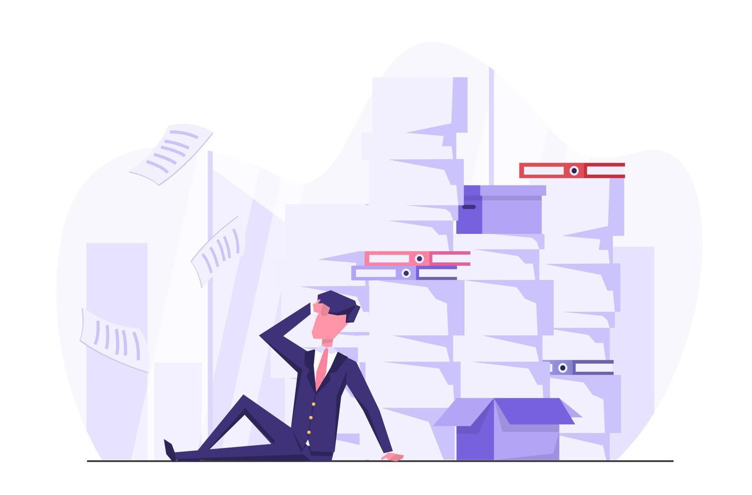 A lot of work. A businessman sits in a mountain of documents and doesn't know what to do vector