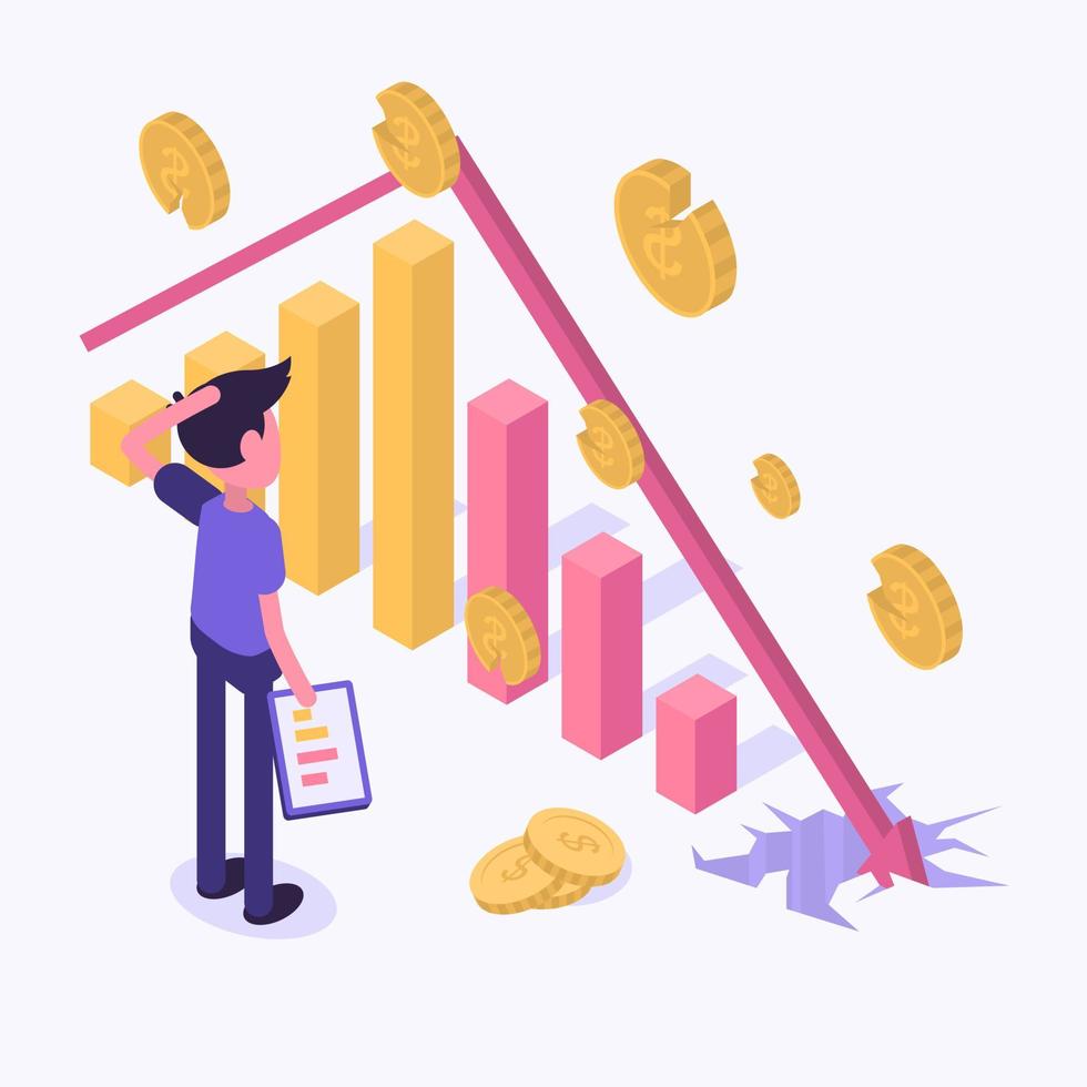 Crisis. A man looks in despair at the chart, which falls down and pierces the floor vector