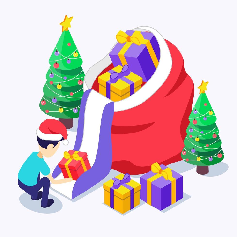 Christmas. New Year. Isometric. A boy in a Santa hat takes presents out of a bag vector