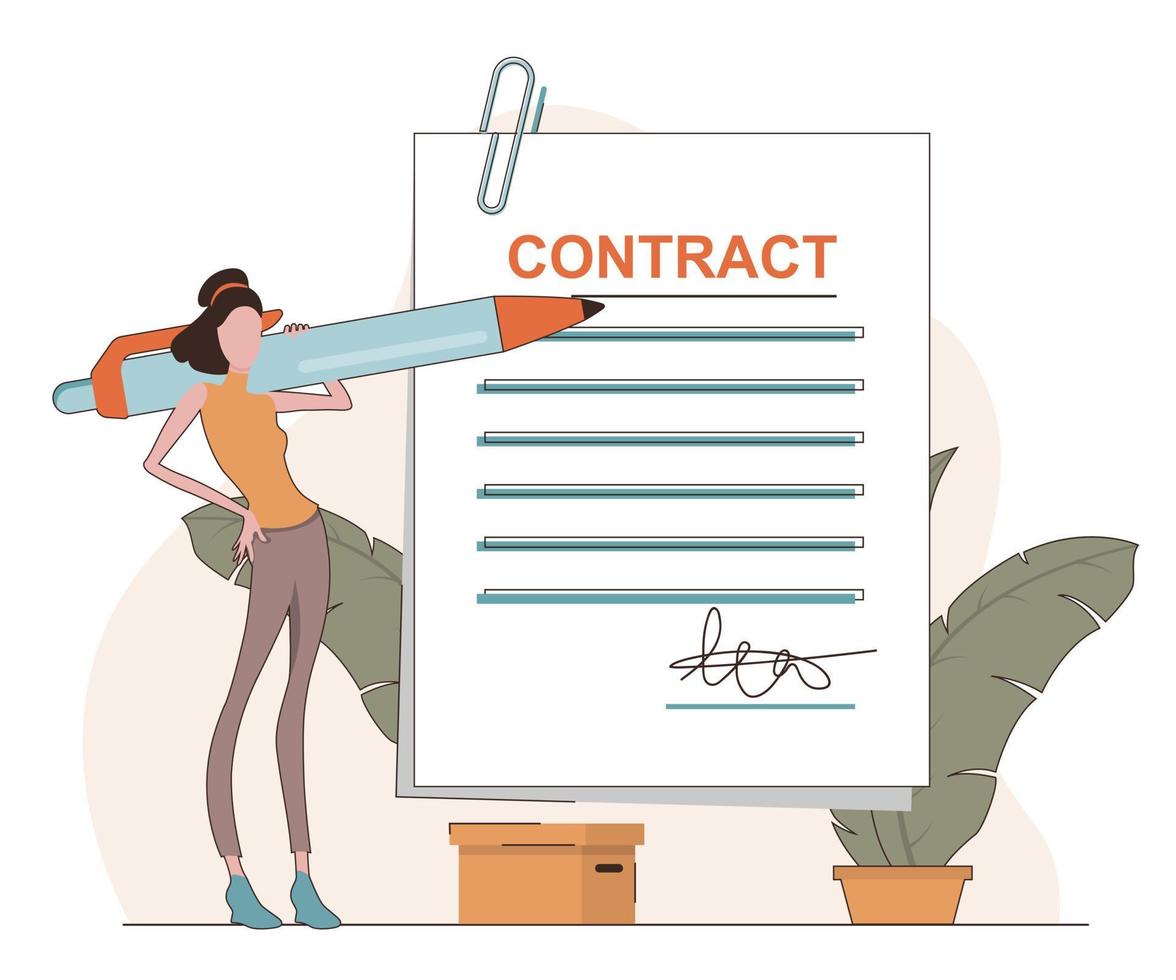 Business contract. A woman holds a pen and signs a document vector
