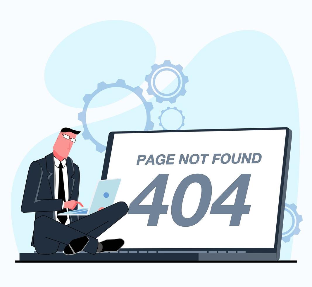 A 404 not found error. Businessman working on a laptop, he got a 404 error. Flat vector illustration.