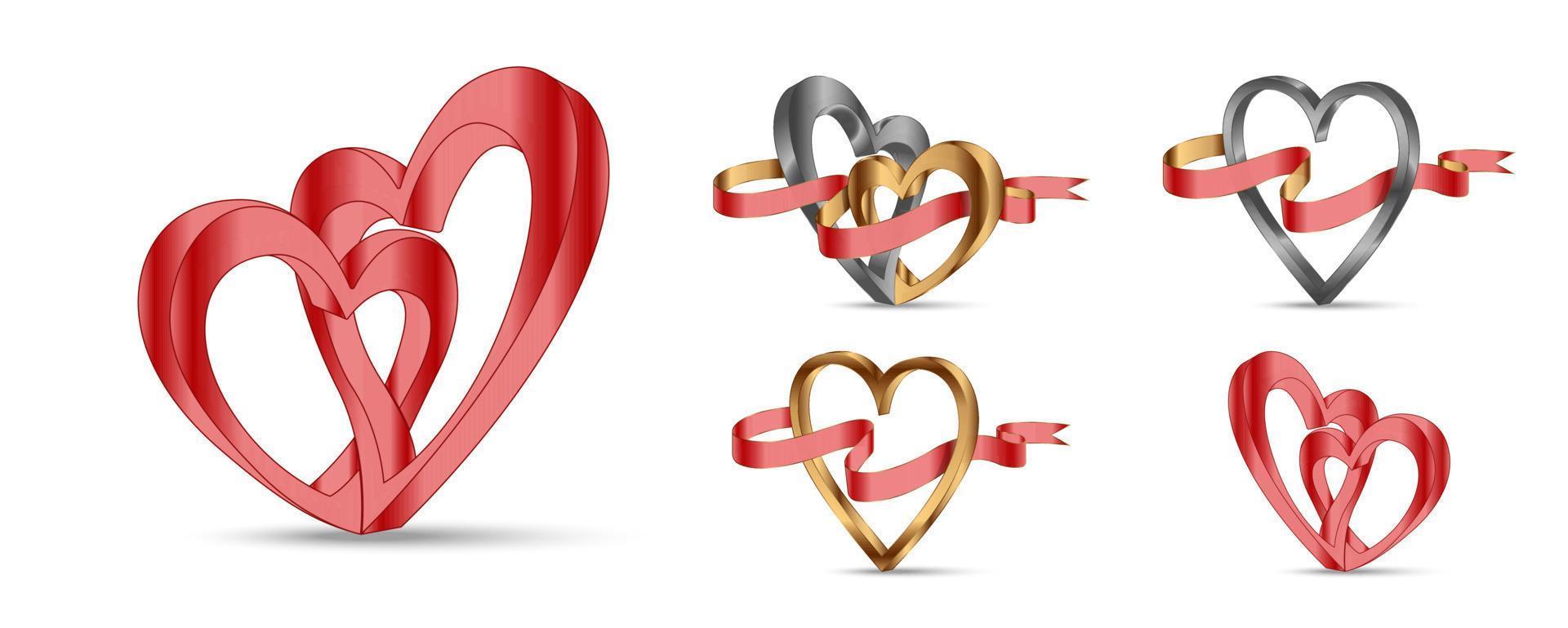 Set of hearts gradient metal with ribbons vector