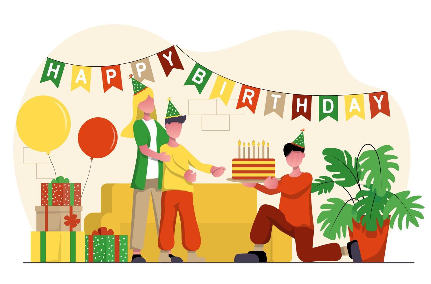 Happy birthday party. Parents give their child a cake with candles. A family holiday. vector