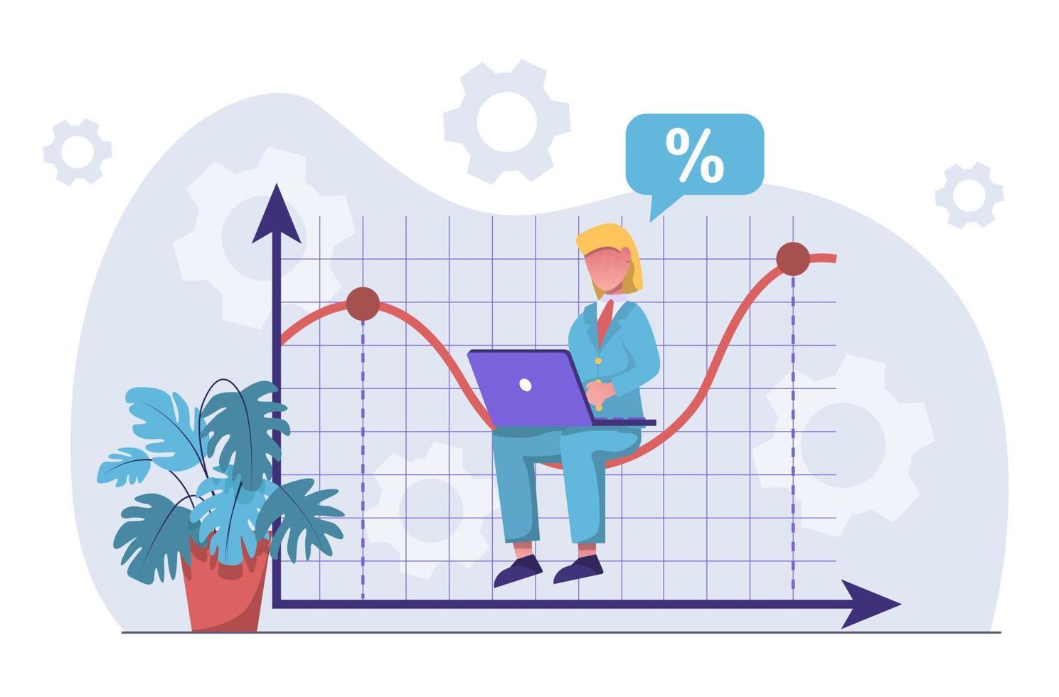 análisis de los datos. una mujer de negocios se sienta en un gráfico y analiza los indicadores de ganancias. vector