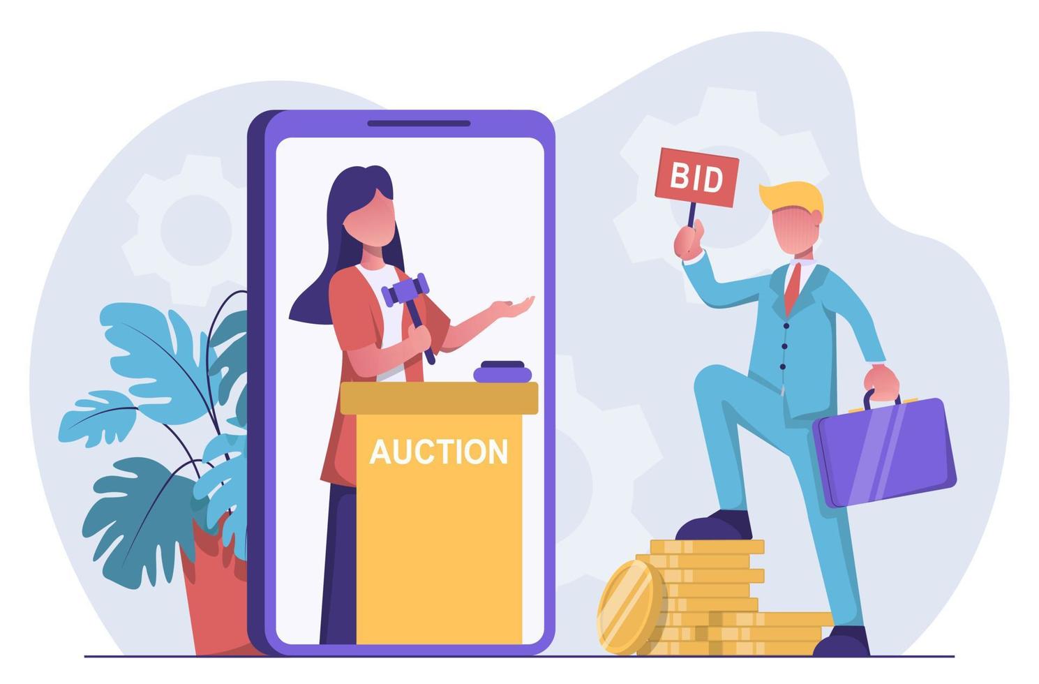 Auction Businessman makes a bid at an online auction vector