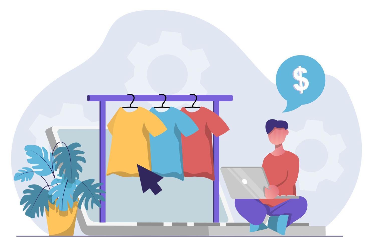las compras en línea. un hombre con una laptop eligiendo ropa en una tienda en línea vector