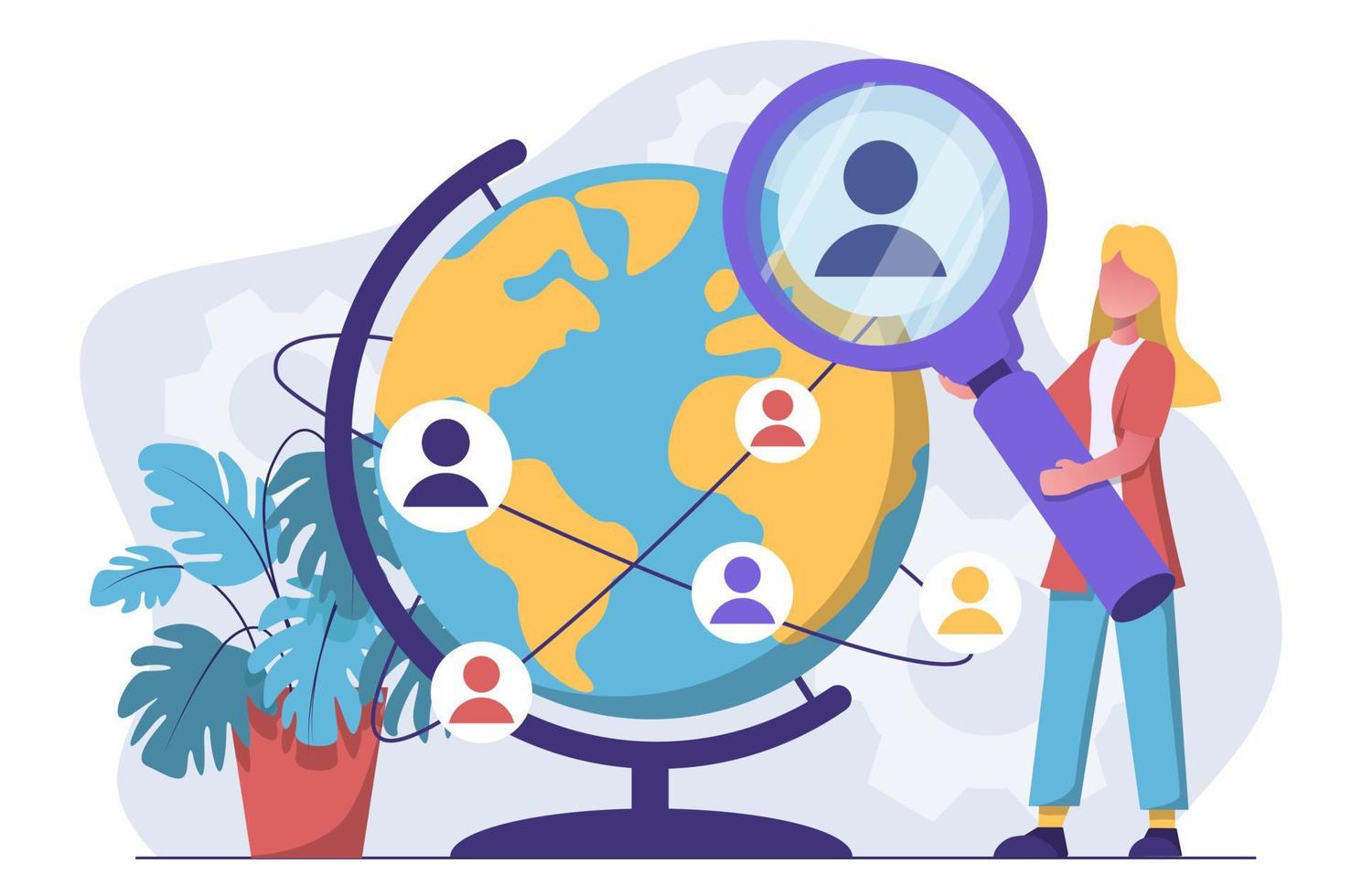 Social network. Woman with a magnifying glass looking for users and friends on the globe vector