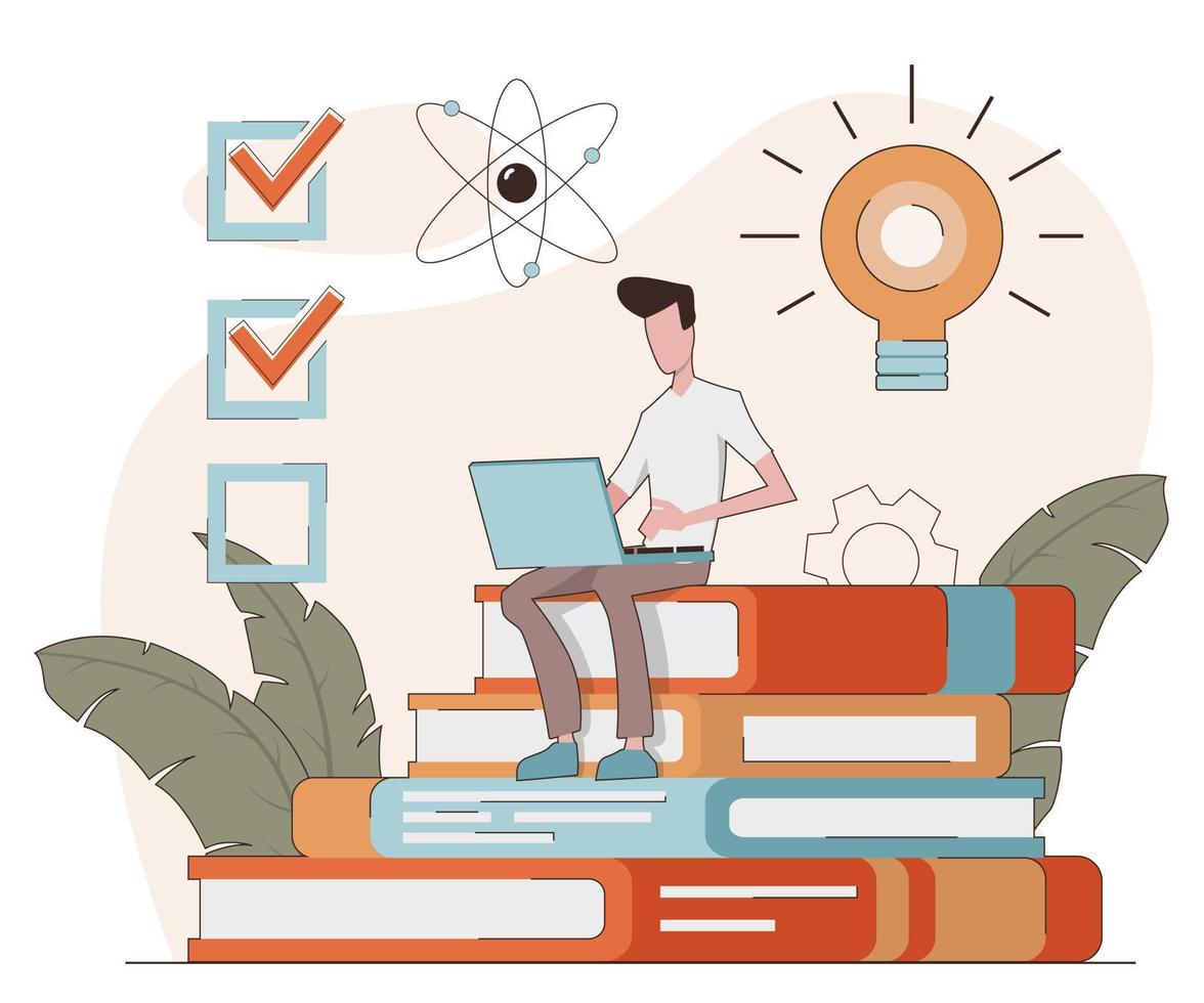 E-learning. A man with a laptop sitting on a book, a light bulb next to it vector