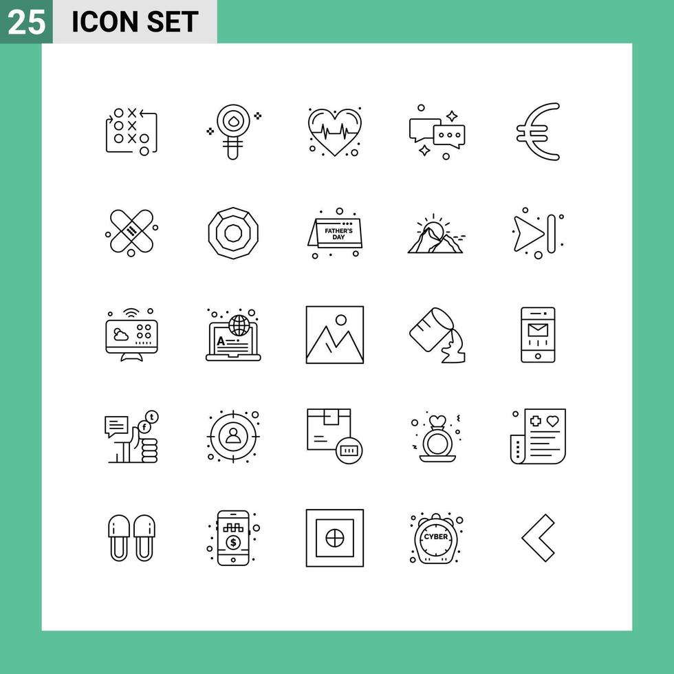Line Pack of 25 Universal Symbols of currency mail chemistry chatting pulse Editable Vector Design Elements