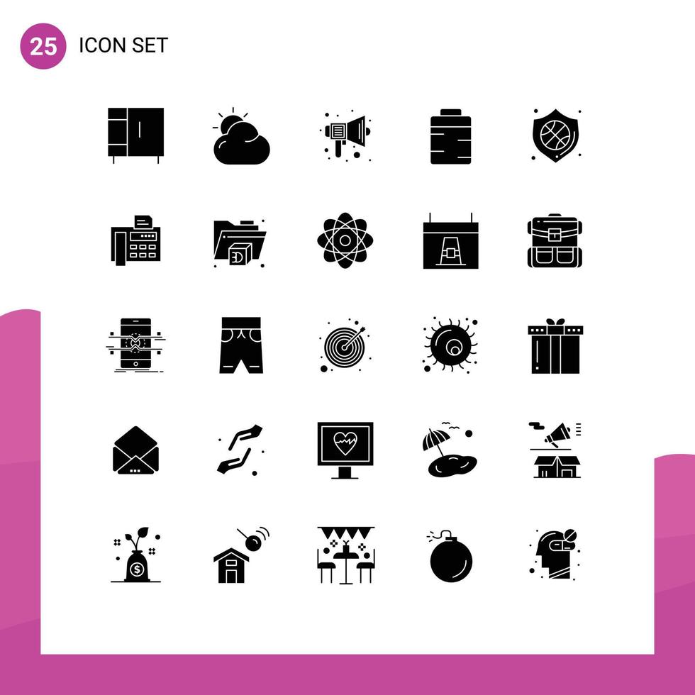 25 Universal Solid Glyphs Set for Web and Mobile Applications protection thanks audio food speaker Editable Vector Design Elements