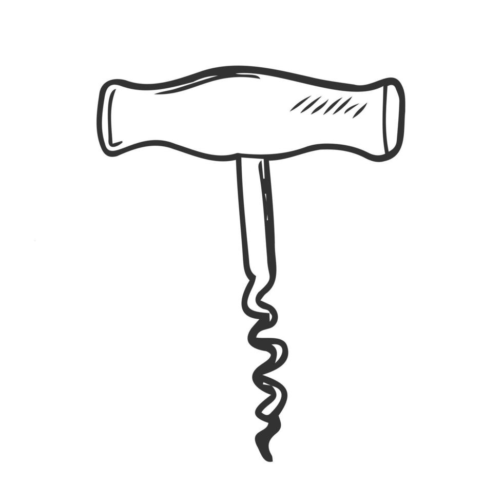 Wooden wine corkscrew linear vector icon in doodle sketch style