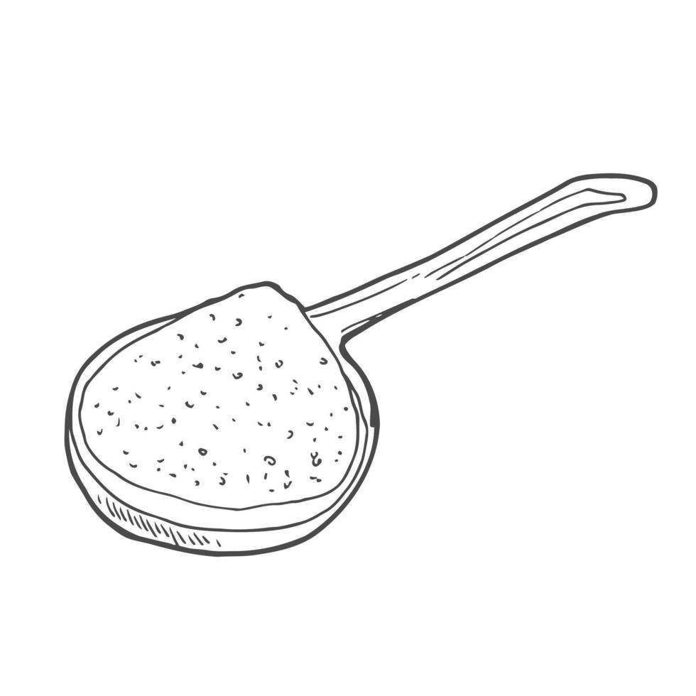 cuchara de madera con comida: harina de esbozo, arroz, sal marina, espirulina, especias, patata, avena, azúcar, avena. garabato dibujado a mano ilustración vectorial, dibujo vintage, fondo blanco aislado vector