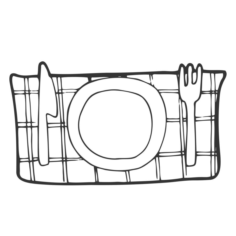 Old clean diner steel tool ware object set isolated on light backdrop. Freehand outline ink hand drawn picture logo sketch in art doodle retro style pen on paper. Close-up top view with space for text vector