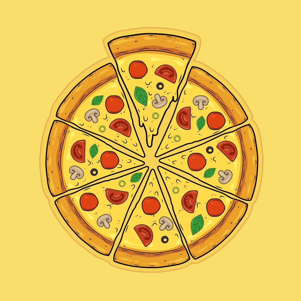 Sliced pizza with sausage, salami, mushrooms, olives, basil, tomatoes and cheese. Flat vector illustration.