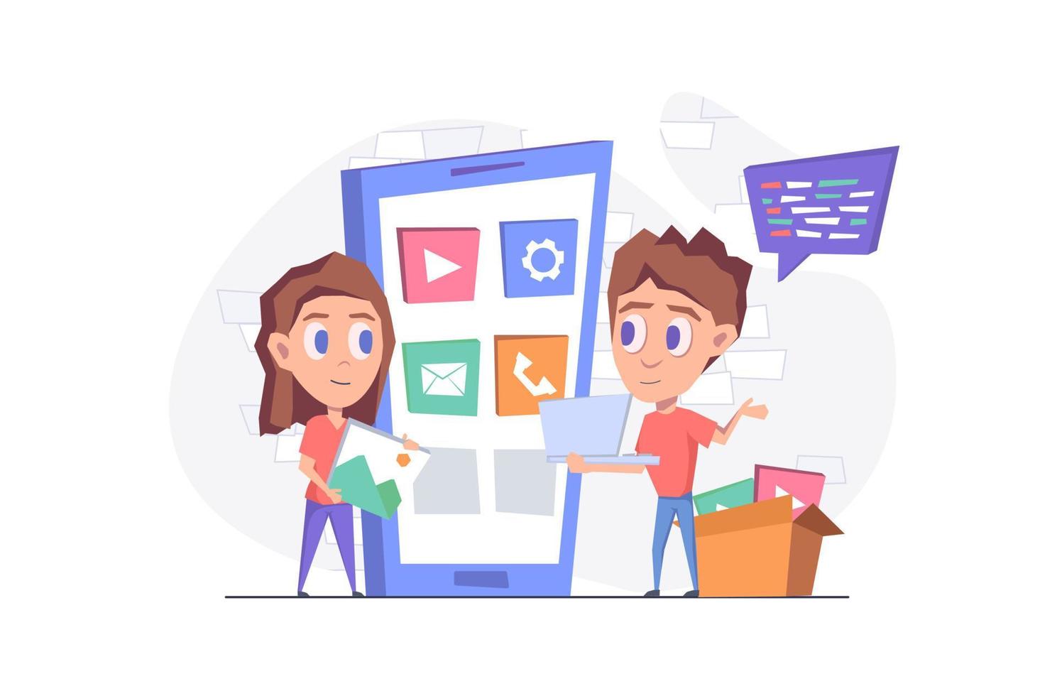 App development. A girl and a boy with a laptop are developing an app for the phone. There are icons on the screen of the smartphone. Flat vector illustration.