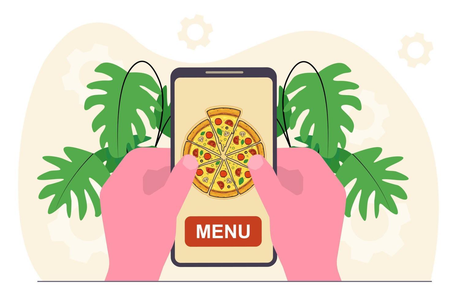Food delivery. Hands holding a phone with a mobile food delivery app. vector