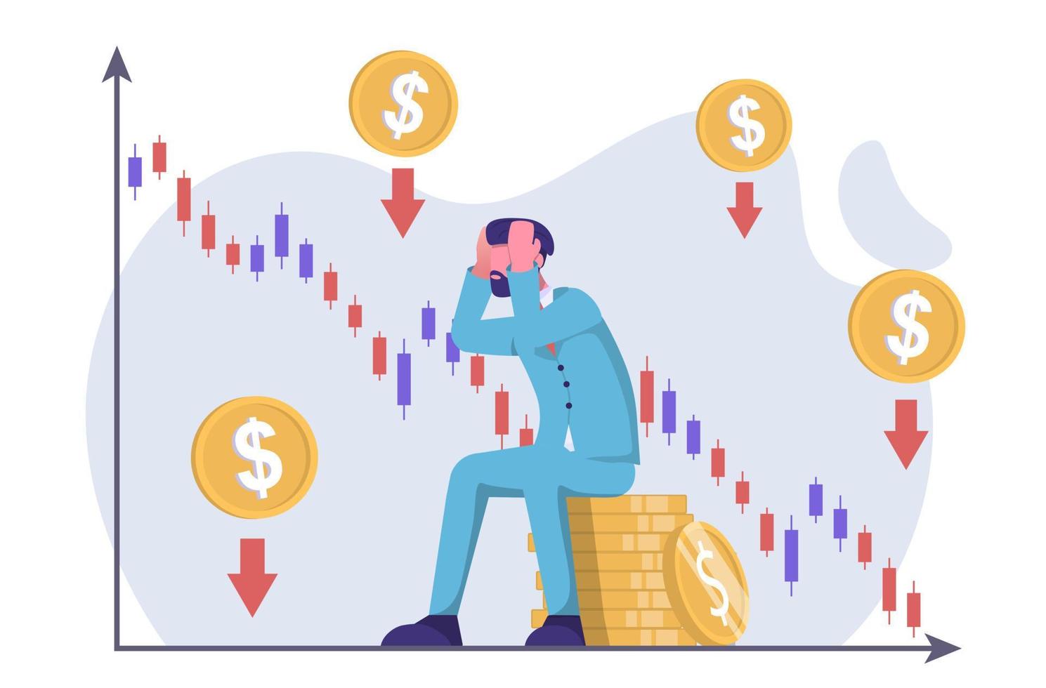 Financial crisis. Businessman in despair because of the drop in indicators vector