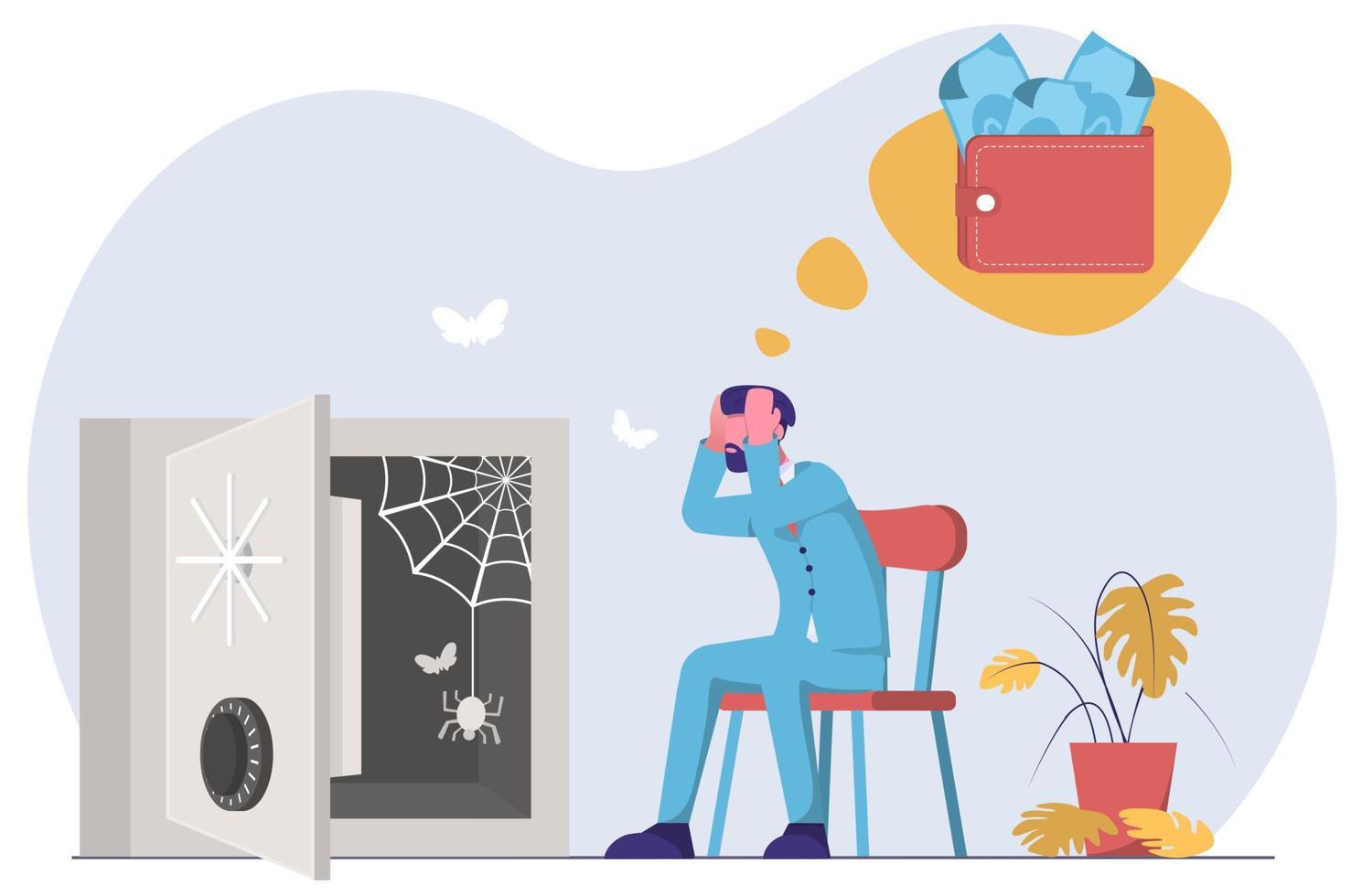 Crisis. Bankruptcy. The businessman is desperate. A moth flies out of an empty safe vector