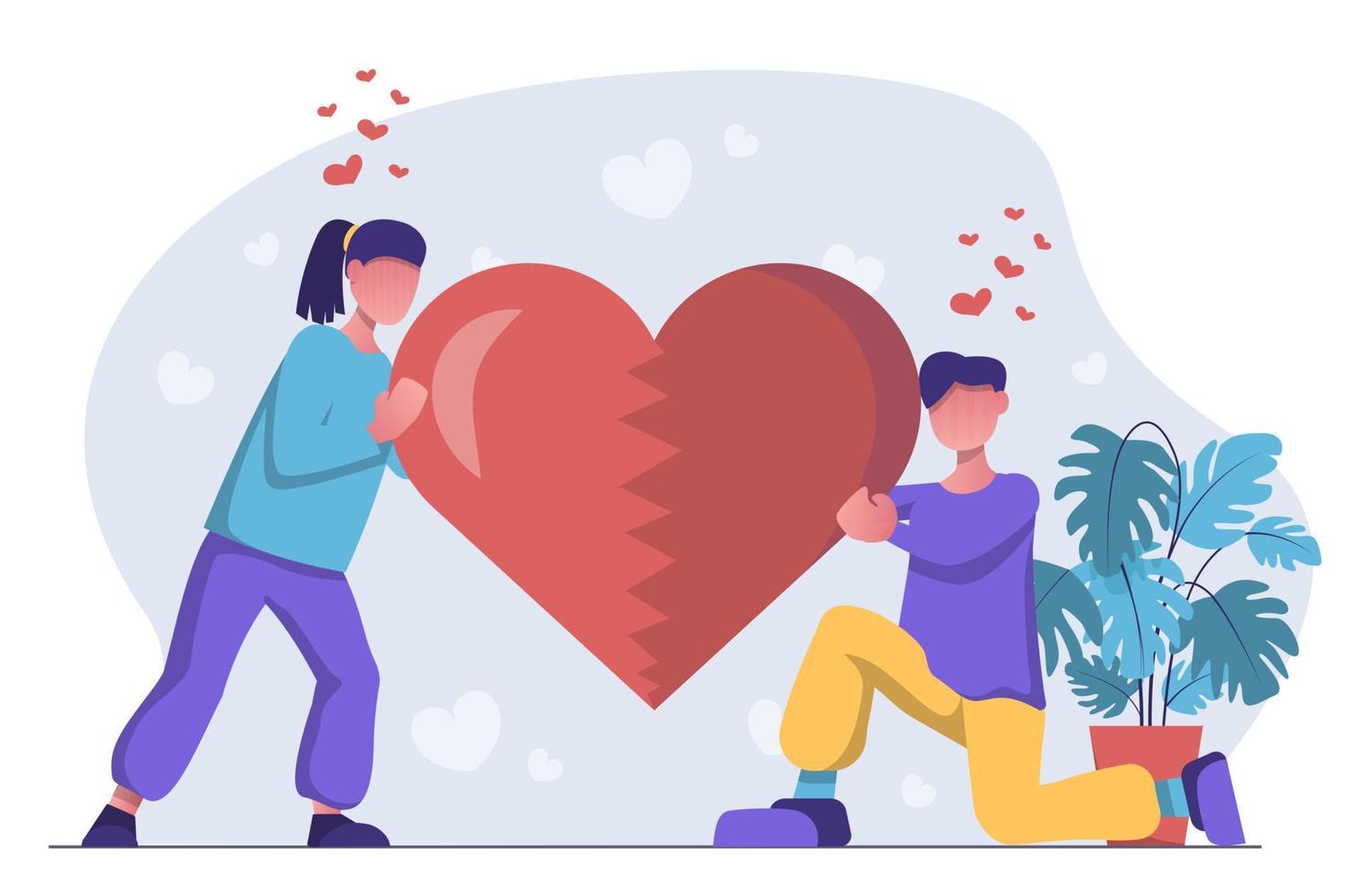 Love. Man and woman join two halves of the heart vector