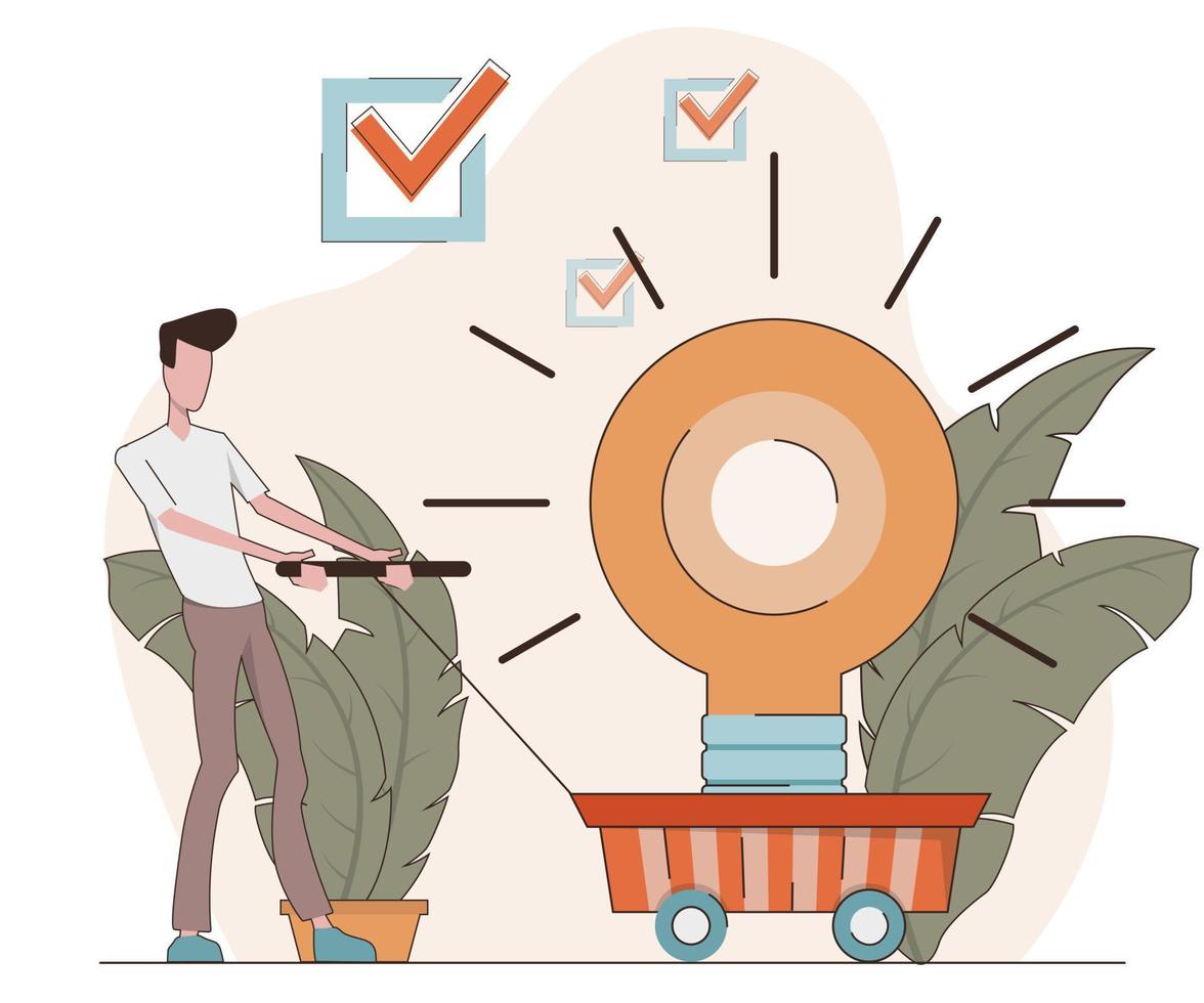 Finding idea. A man pulls a light bulb on a cart vector