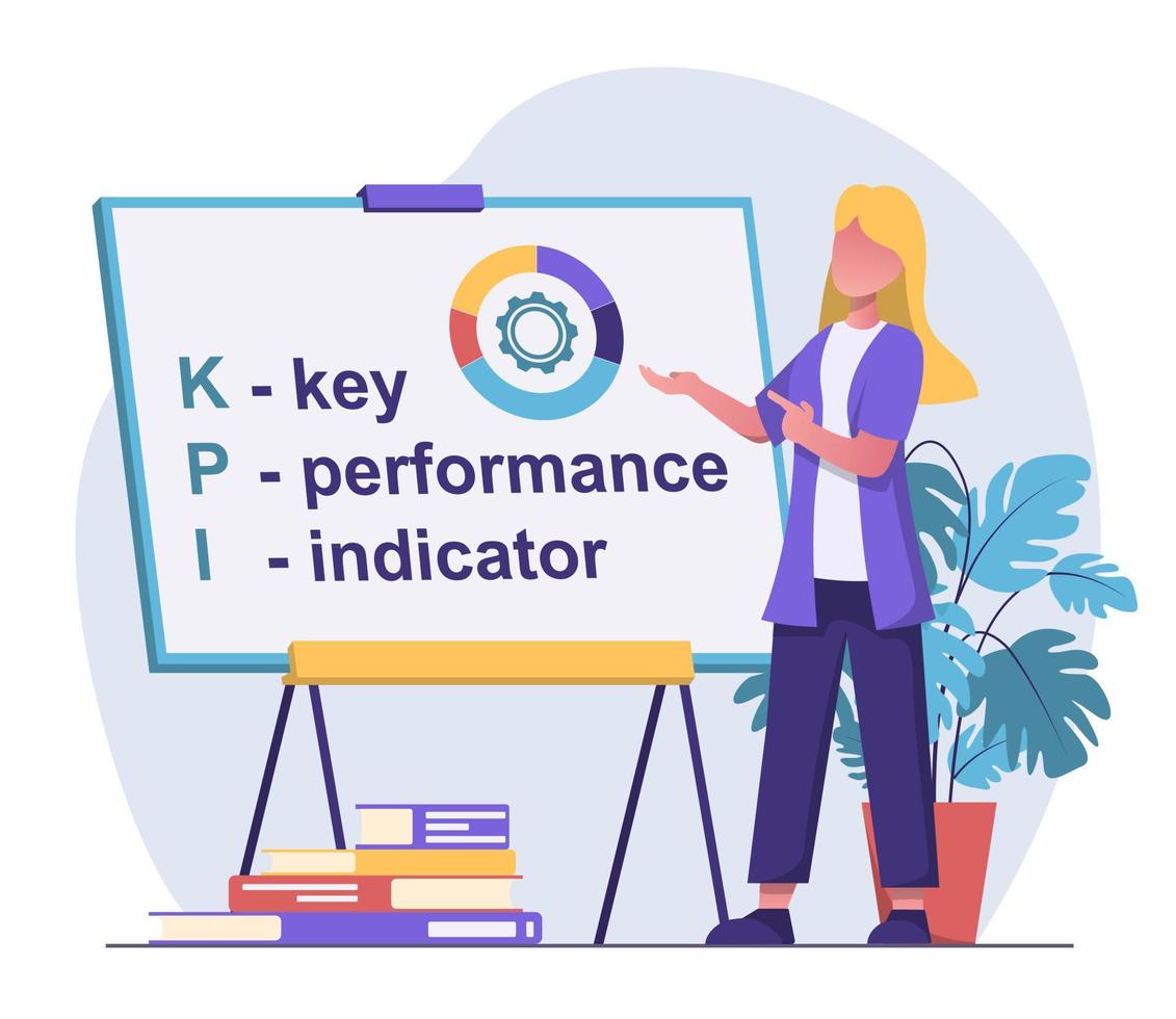 Key performance indicators. The girl speaker explains the meaning of the word KPI on the board vector