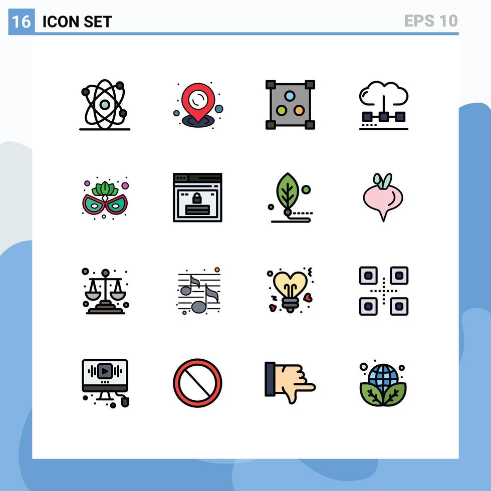 Modern Set of 16 Flat Color Filled Lines and symbols such as internet costume online carnival mask media Editable Creative Vector Design Elements
