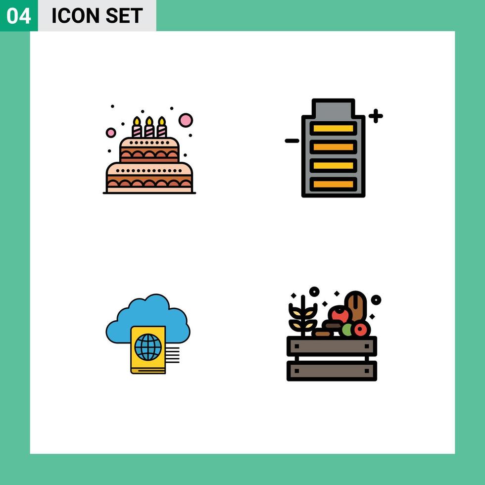 Modern Set of 4 Filledline Flat Colors and symbols such as cake reading candle energy upload Editable Vector Design Elements