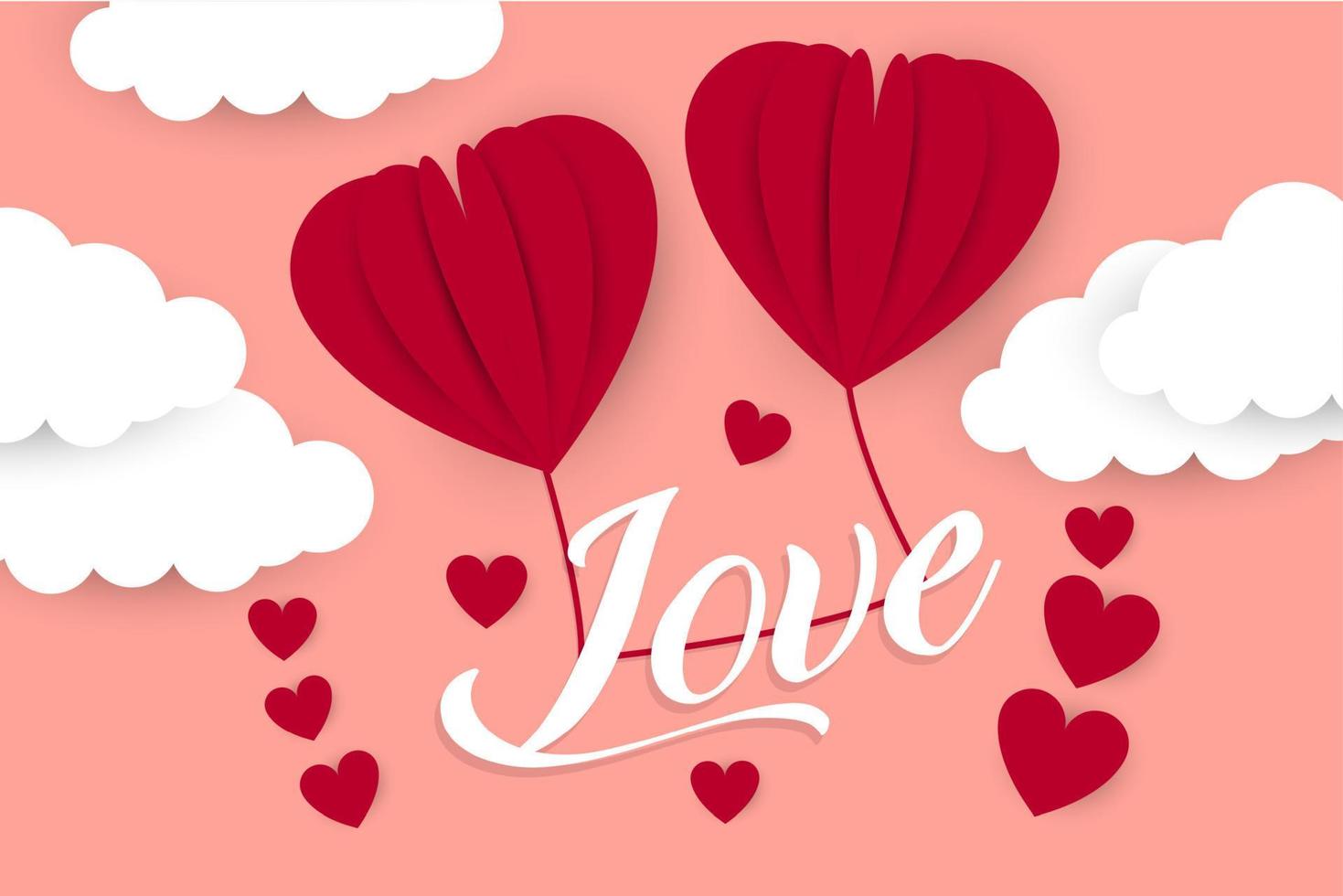 Happy valentines day typography vector design with paper balloons in the sky red pink heart shape cut white clouds vector image of love