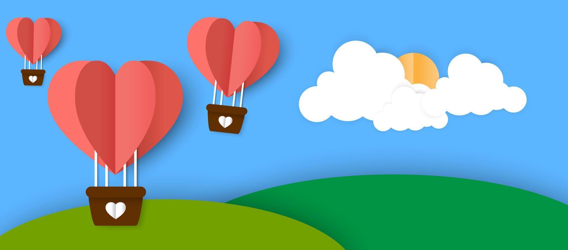 Happy valentines day typography vector design with paper balloons in the sky red pink heart shape cut white clouds vector image of love