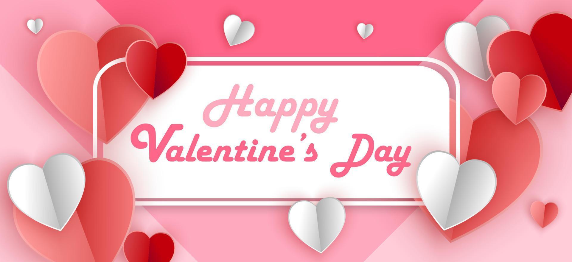 happy valentines day typography vector design with a pink-red heart-shaped paper cut, vector illustration