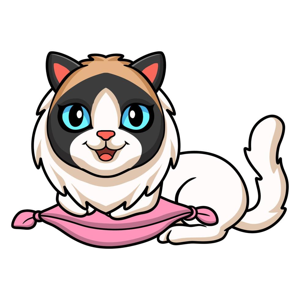 linda caricatura de gato de muñeca de trapo en la almohada vector