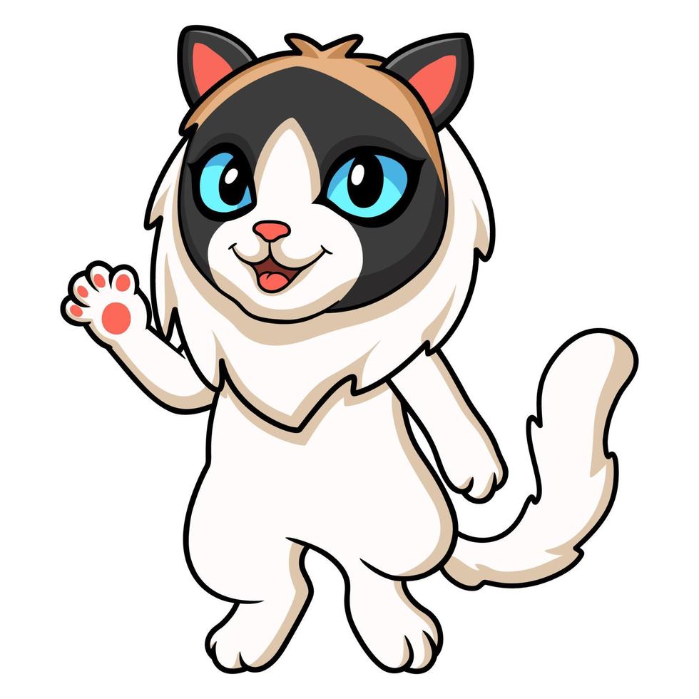 Cute rag doll cat cartoon waving hand vector