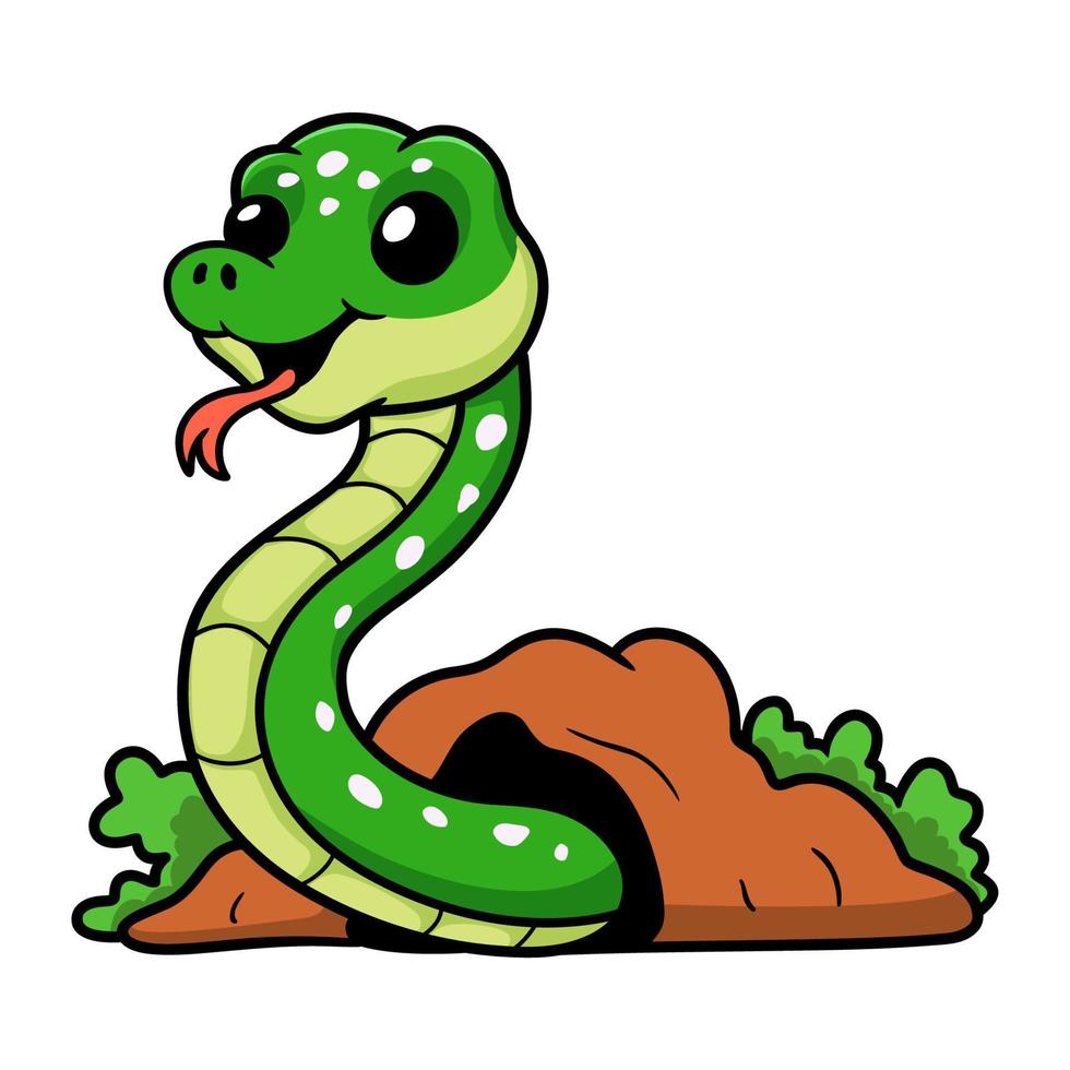 Cute green tree python cartoon out from hole vector