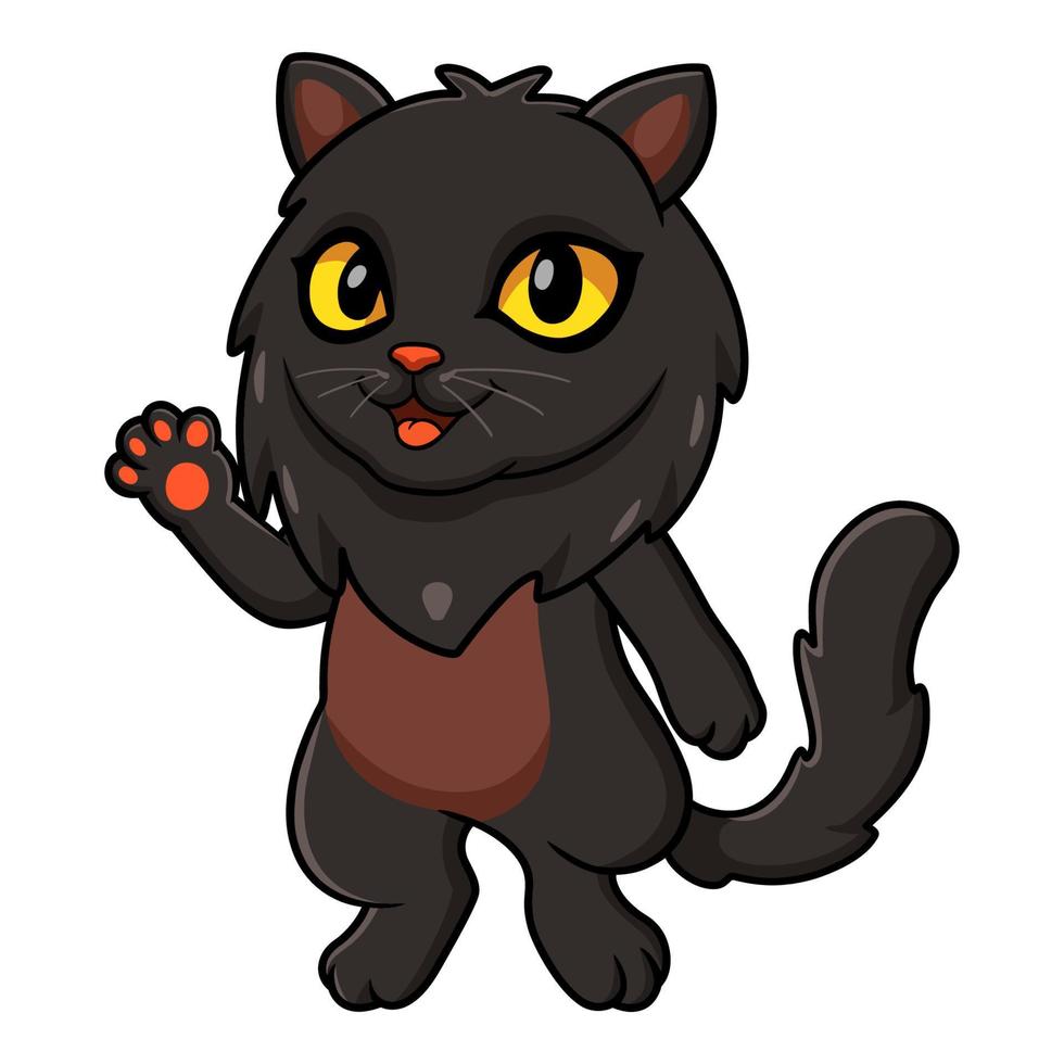 Cute black persian cat cartoon waving hand vector