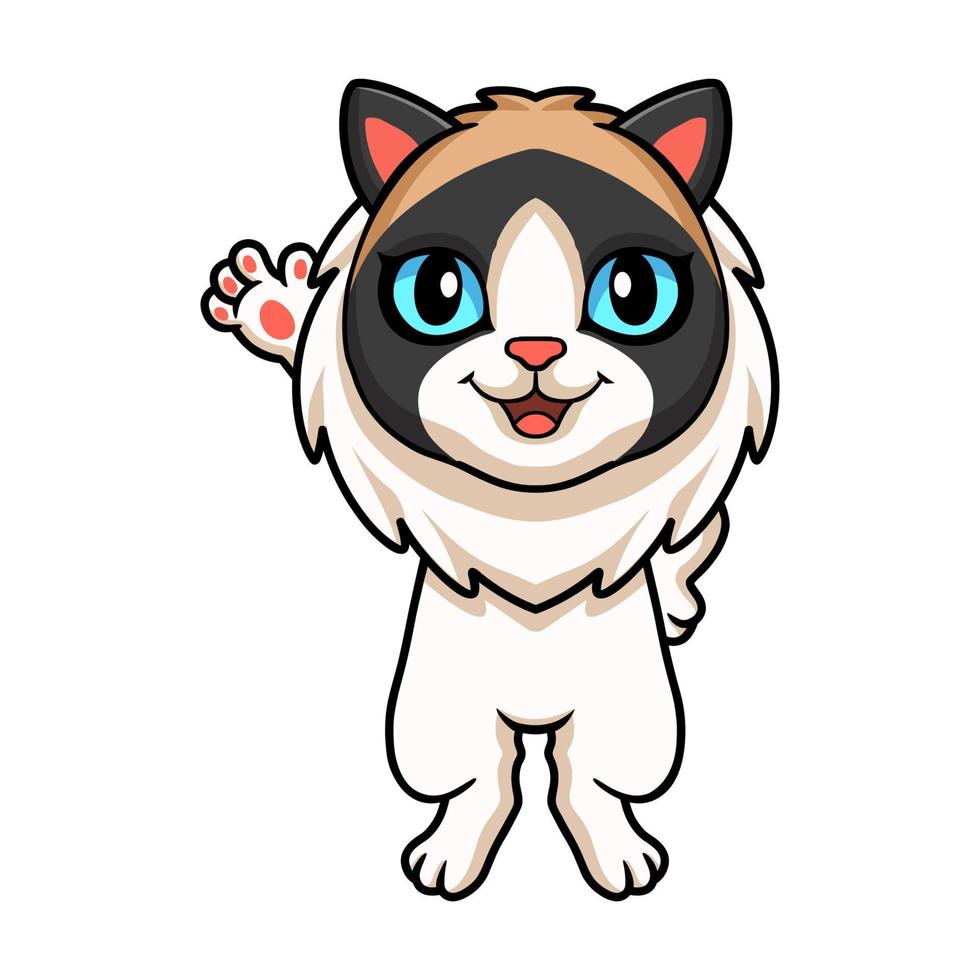 Cute rag doll cat cartoon waving hand vector