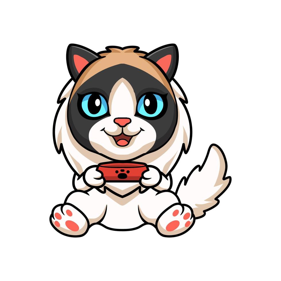 Cute rag doll cat cartoon holding food bowl vector