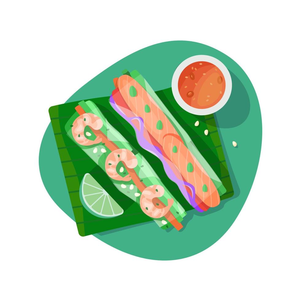 Top view of spring rolls with vegetables, sauce and shrimp vector
