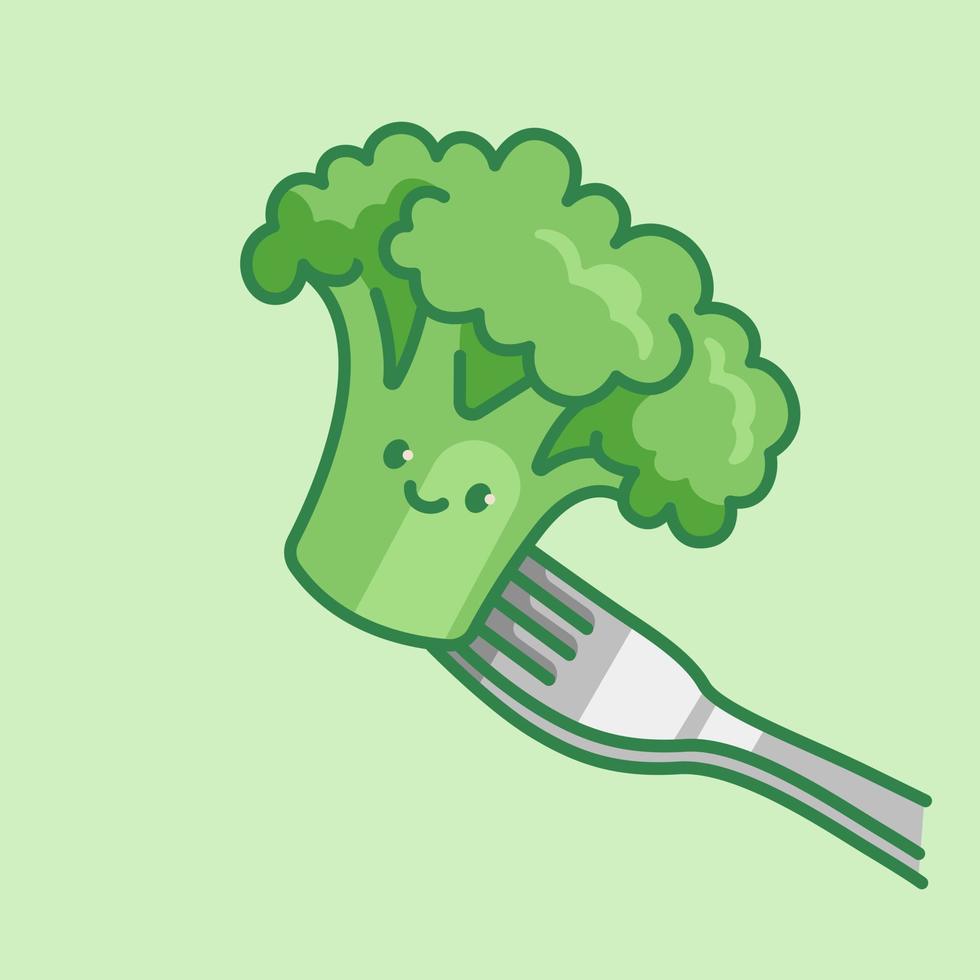 Cute broccoli character on fork. vector