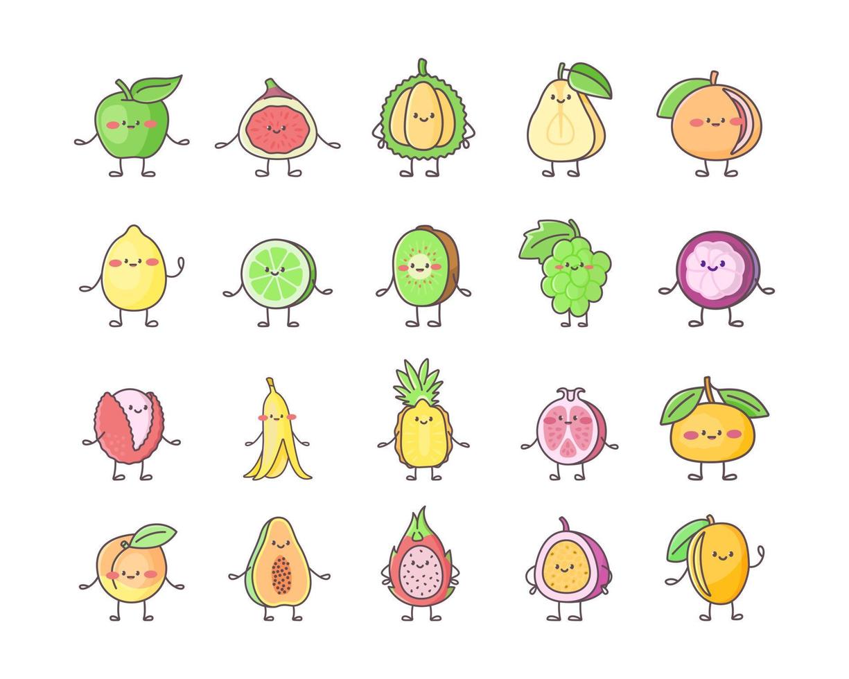 Set of isolated kawaii fruit characters vector