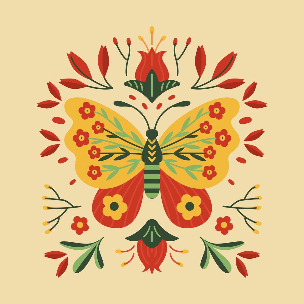 Butterfly and folk floral ornament with flowers, leaves and branches vector