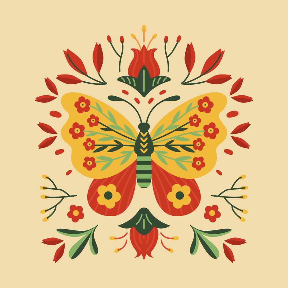 Butterfly and folk floral ornament with flowers, leaves and branches vector