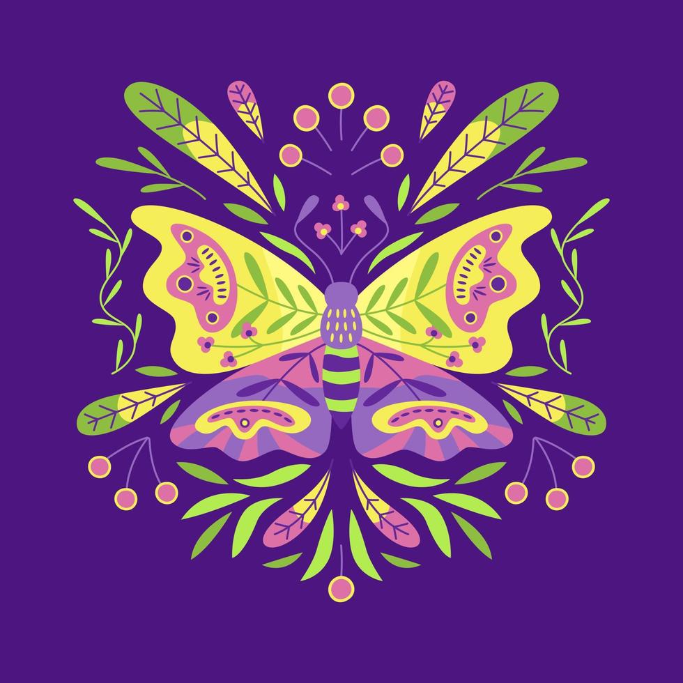 Butterfly and folk floral ornament with flowers, leaves and branches vector