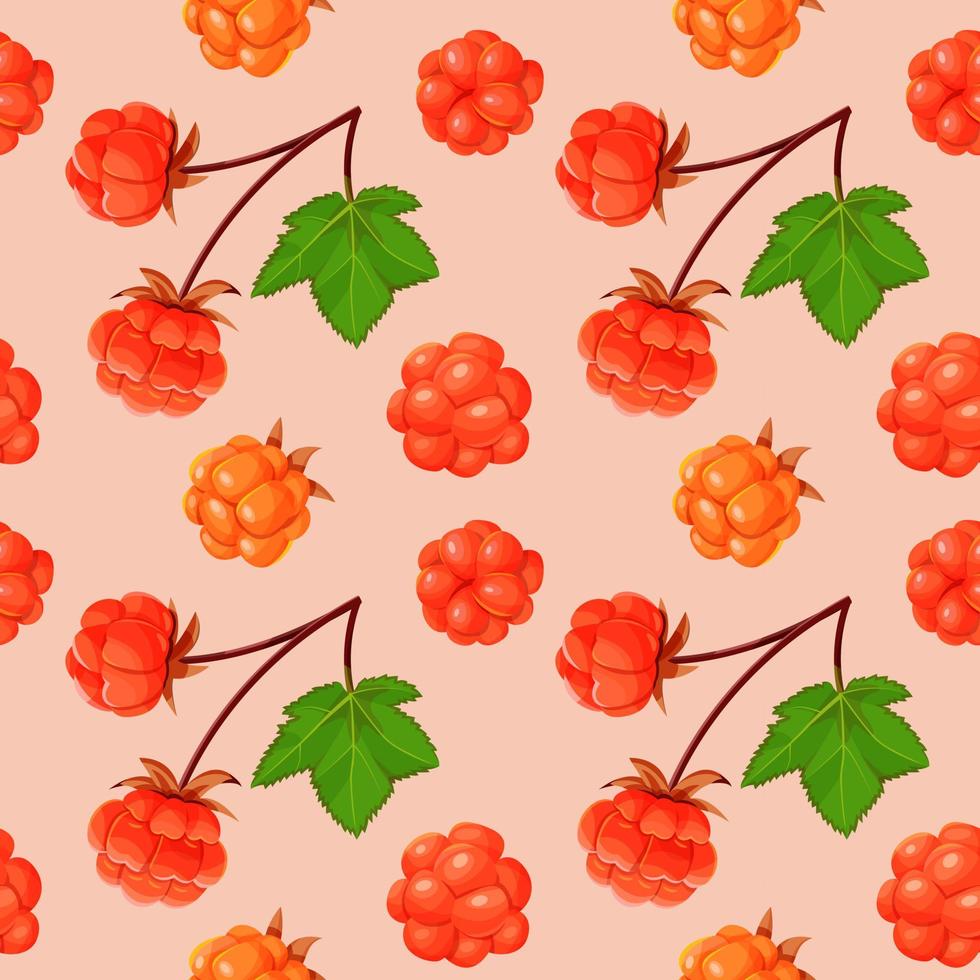 Cloudberry and leaves seamless pattern. vector