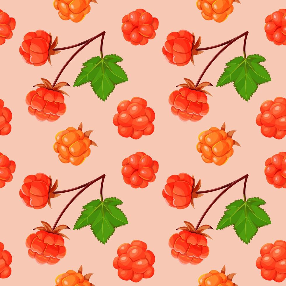 Cloudberry and leaves seamless pattern. vector