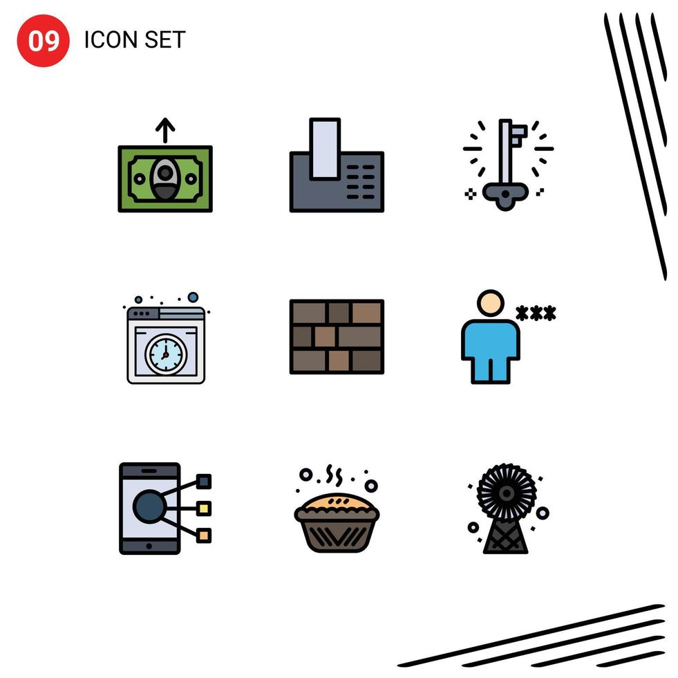 paquete de 9 modernos signos y símbolos de colores planos de línea de relleno para medios de impresión web, como la clave de firewall de seguridad, alojamiento en línea, elementos de diseño de vectores editables