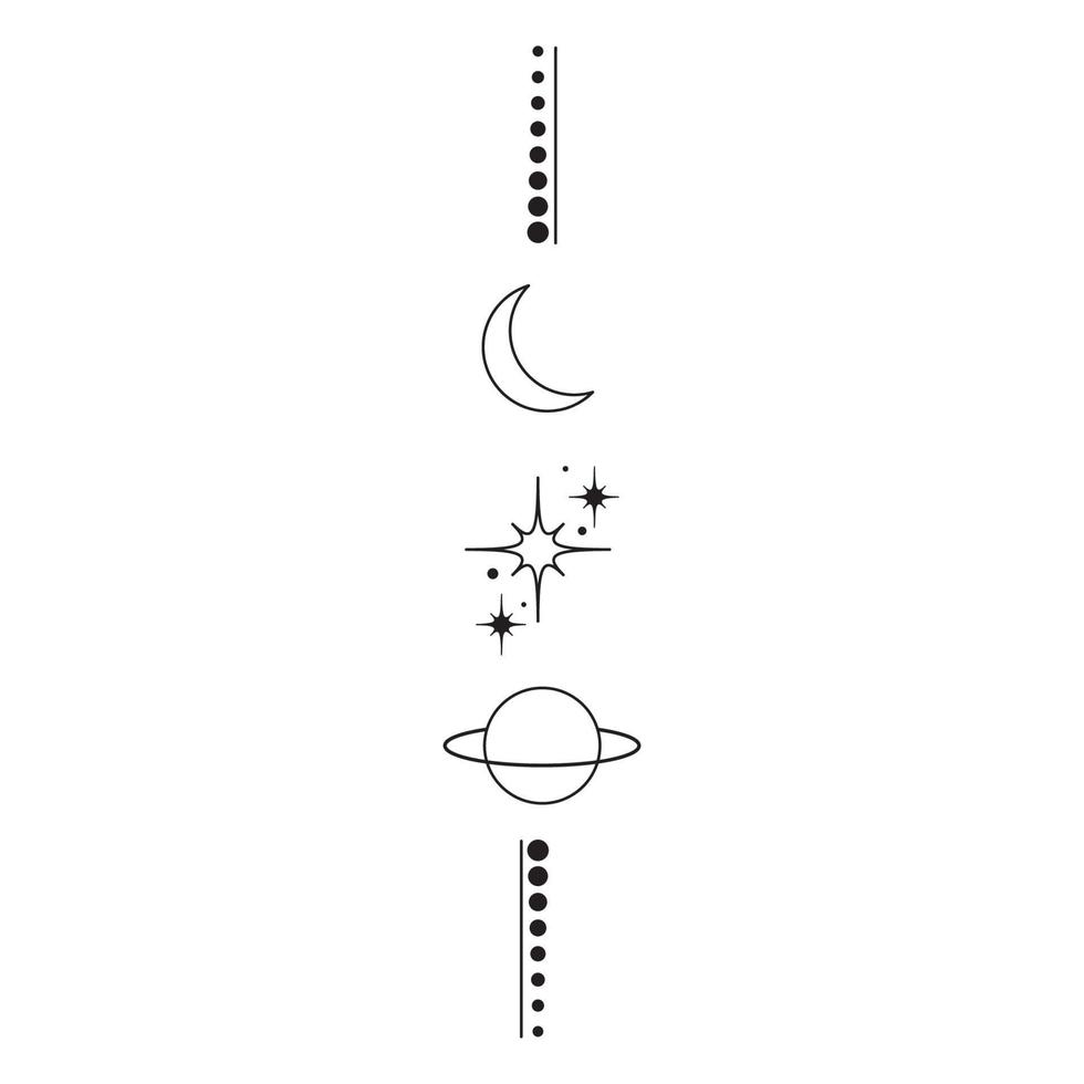 Magic boho line tattoo with stars, moon, planet, dot. Mystic hand drawn geometric illustration. Bohemian design. Esoteric logo icon with stars vector