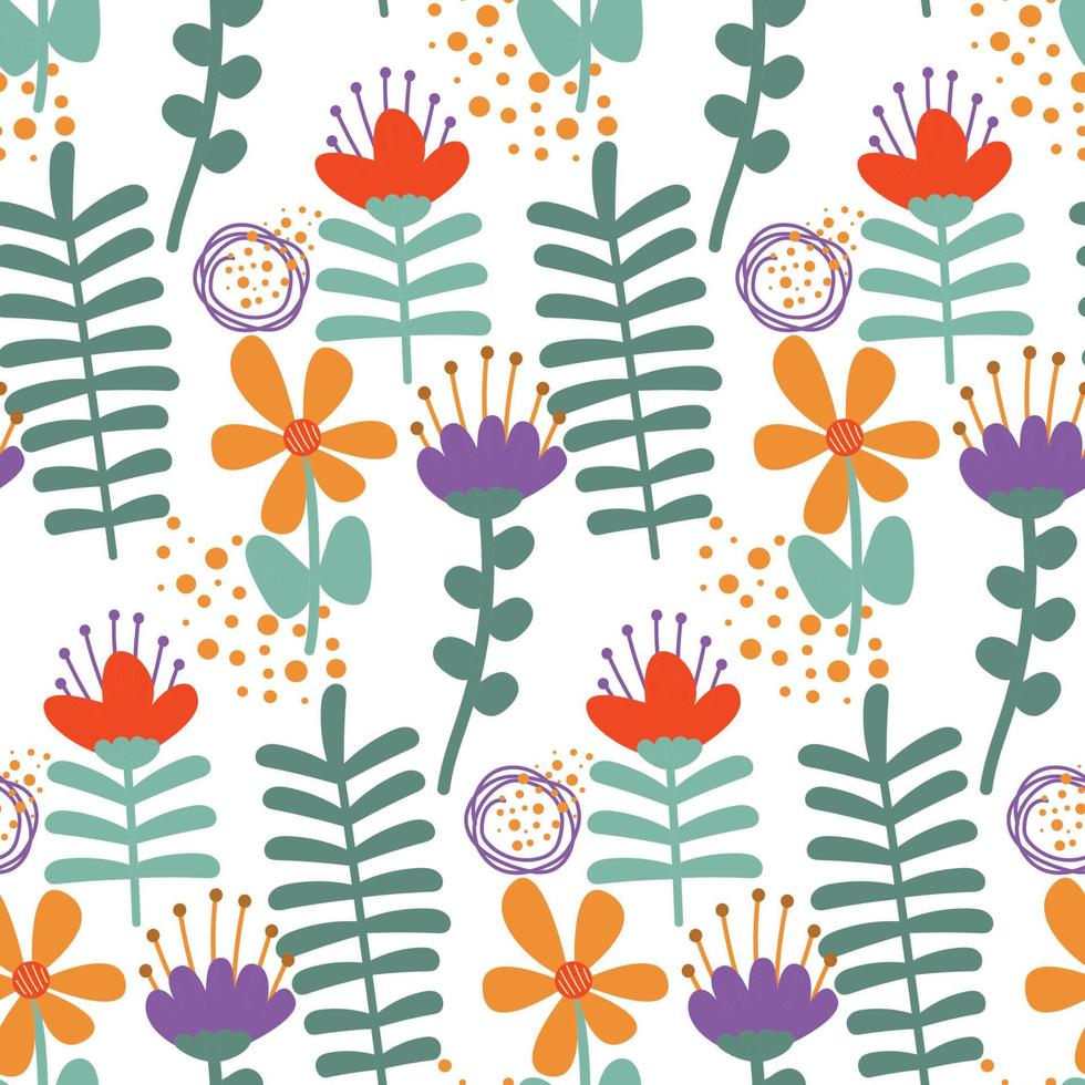 Seamless botanical pattern with hand drawn flowers, leaves, dots. Abstract floral texture. Wrapping paper vector