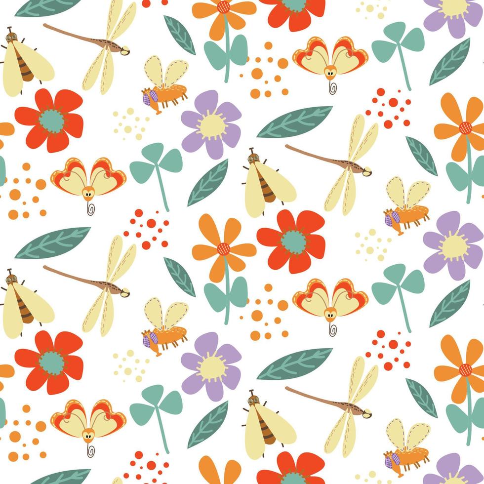 Seamless botanical pattern with hand drawn flowers, butterfly, fly, dragonfly, dots. Abstract floral texture. Wrapping paper vector